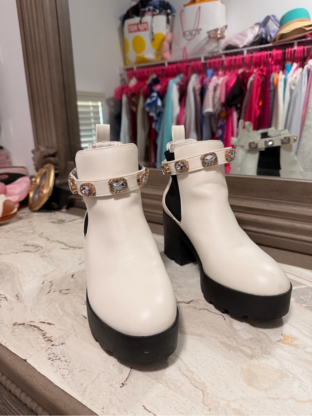 White Embellished Platform Ankle Boots - Women